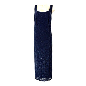R&M Richards Navy Sequined Lace Maxi Dress
